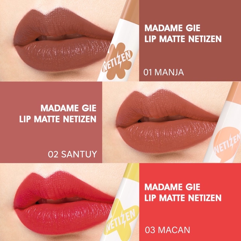 MADAME GIE Lip Matte Netizen Indonesia / Primer BB Foundation Loose Powder Lipstick Eyeshadow Blush On Eyeliner Eyebrow Mascara Lipstick Gloss Balm Kutek / Facial Wash Toner Essence Serum Sunscreen Moisturizer Cream Mask Masker Body Lotion Lipill Paket