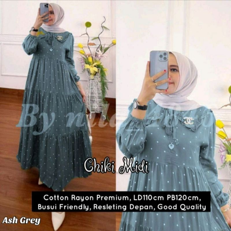 Gamis Midi Dress Muslim Rayon Motif Polkadot Busui