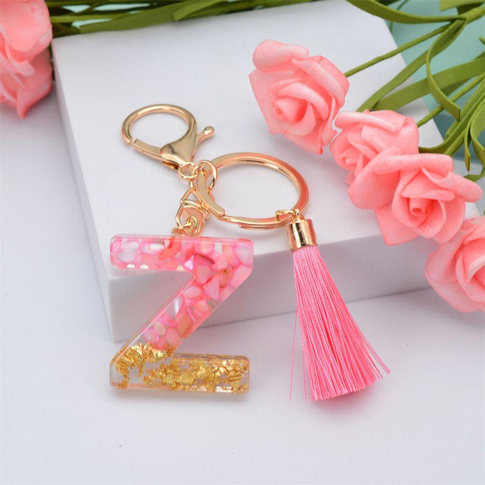 NEEDWAY 26huruf Gantungan Kunci 1PC Glitter Gradiasi Pink Jumbai Liontin Ornamen Gantungan Kunci Mobil Gantungan Kunci Alfabet