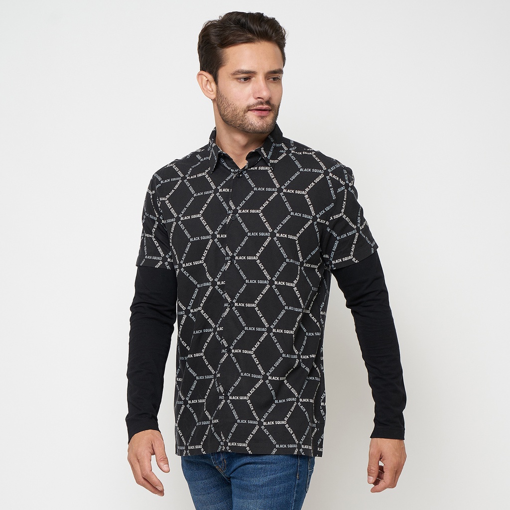 FSBN Kemeja Pria Long-Sleeved Shirt Black Squad Print Viscose Original