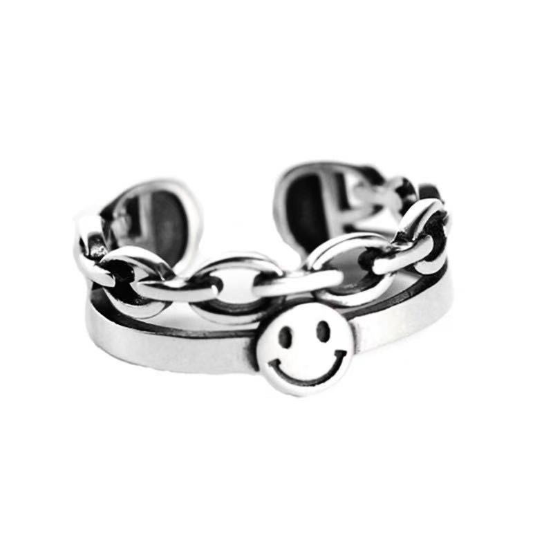 Retro silver distressed craftsmanship smile smiley chain opening ring adjustable 210807