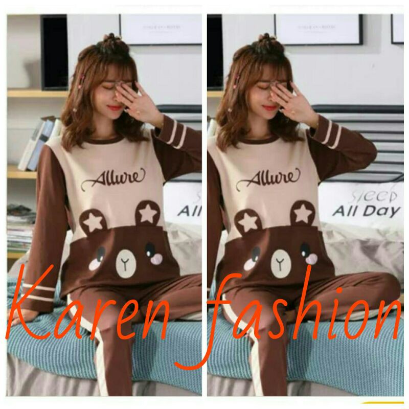 Baju tidur piyama kaos setelan panjang wanita cewek import RILAKKUMA ALLURE