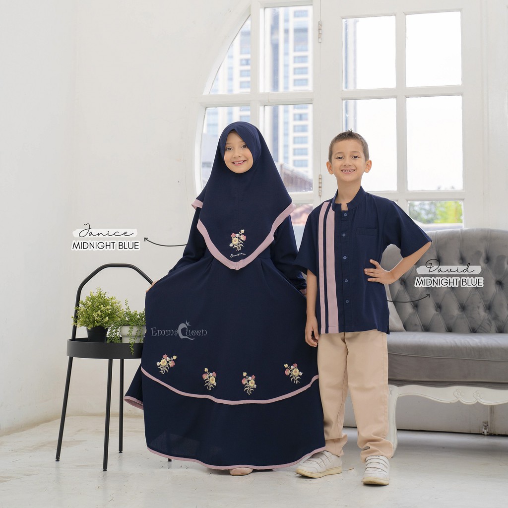 EmmaQueen - Set Dress Muslim Anak Janice Flowery-Midnight Blue