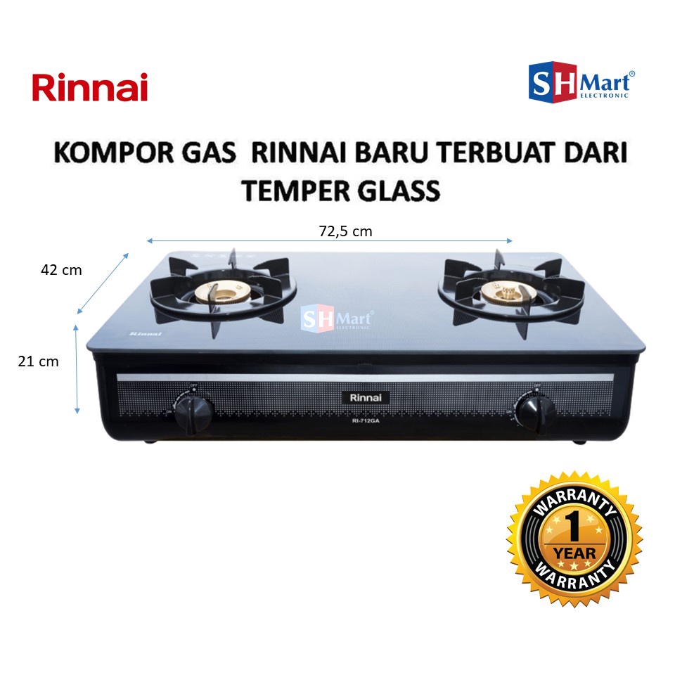 Rinnai Kompor Gas 2 Tungku Kaca RI-712GA  RI712GA 712GA (Medan)