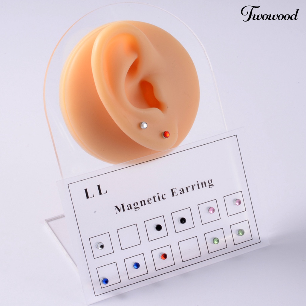 12pcs / Set Anting Stud Magnetik Hias Berlian Imitasi Untuk Wanita