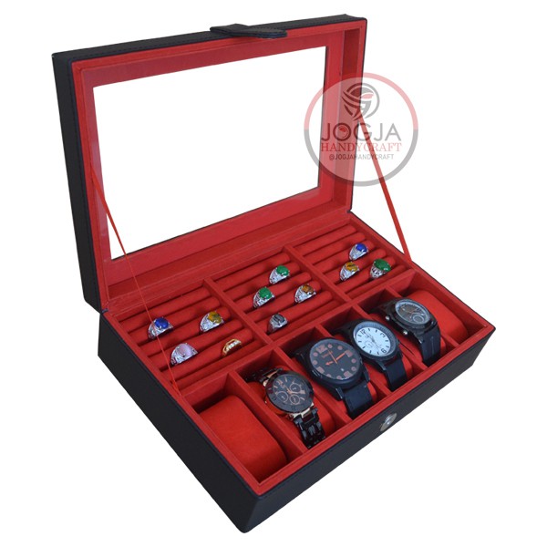 Kotak Tempat Jam Tangan Kombinasi Tempat Cincin | Watch Box Mix Ring Black Red (Kualitas Super)