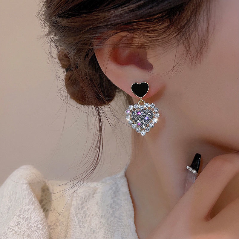 Anting Stud 925 silver needle Bentuk Hati Aksen Berlian Imitasi Untuk Wanita