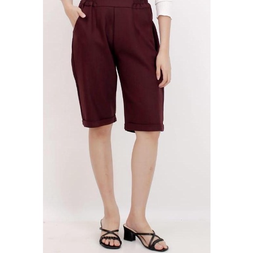 ❁ Celana Kulot Wanita Kulot Pendek Wanita Kulot 3/4 Kulot Pinggang Karet - Maroon ❀