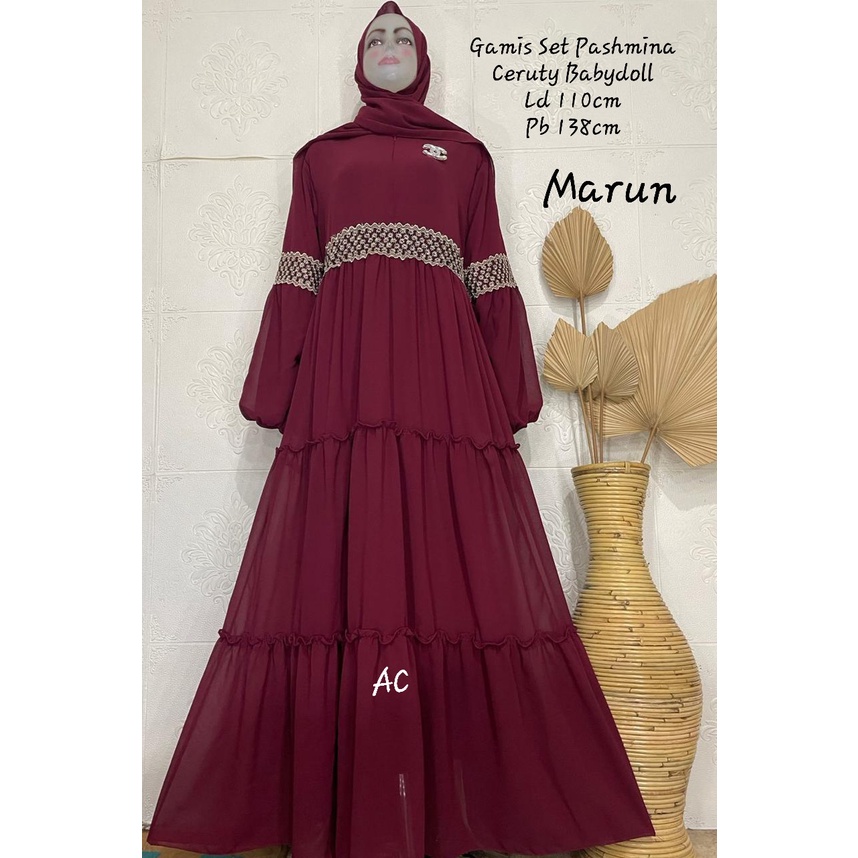 Gamis Set Pashmina Ceruty Babydoll | Gamis Variasi Renda | Gamis Busui Terlaris