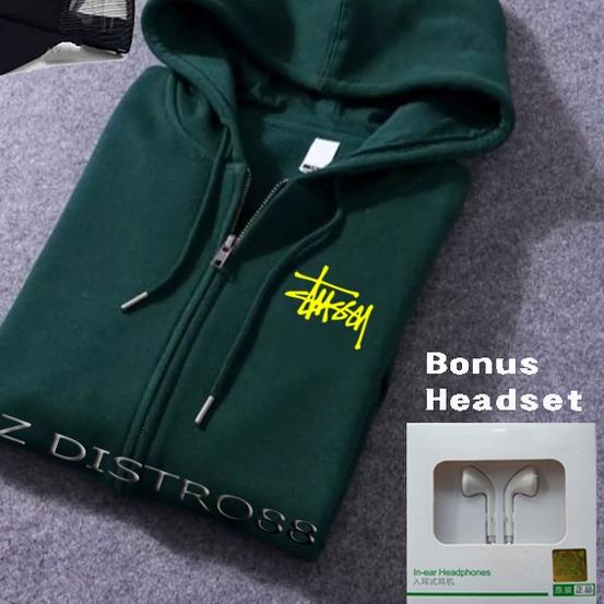 Bonus Topi. Bonus Headset. Jaket Hoodie Resleting STUSSY Text Yellow / Jaket Pria wanita / Hoodie Ja