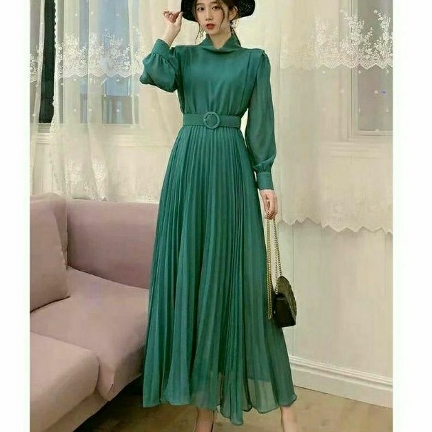 9095 Baju Maxi dress pesta prisket kerah Turtle neck dres Korea Korean style wanita import baju maxi
