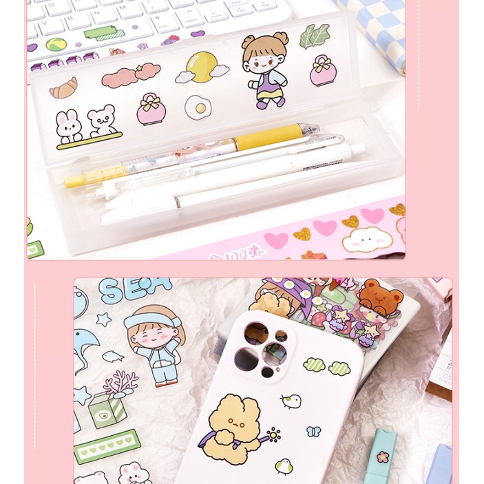 100pcs / Set Stiker MOMO Kartun Anti Air Bahan PET Untuk Alat Tulis Jurnal