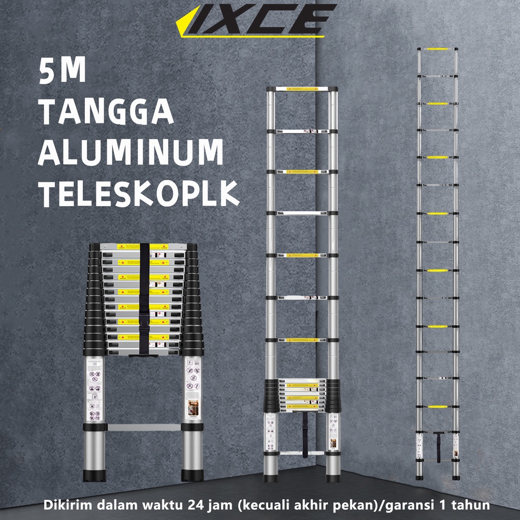 IXCE Tangga Lipat Teleskopik 4.4m/5m/6.2m/7mSingle Telescopic Ladder Perak/Hitam