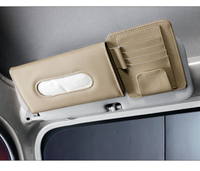 (2In1)Leather Auto Car Sun Visor Organizer Pouch Bag Tas Penyimpanan Kartu Kacamata Pulpen Sim Tempat Klip Tissue Dengan Box Aksesoris Interior Mobil