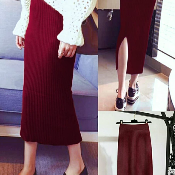 Rok Rajut Span Knitted Pendek Belah/Rok Kerja Wanita murah/rok rajut on size