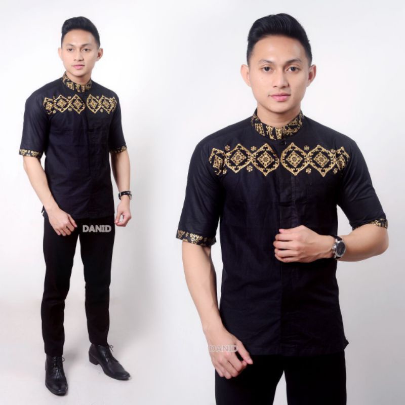 baju muslim batik pria lengan pendek kobinasi bordir terbaru