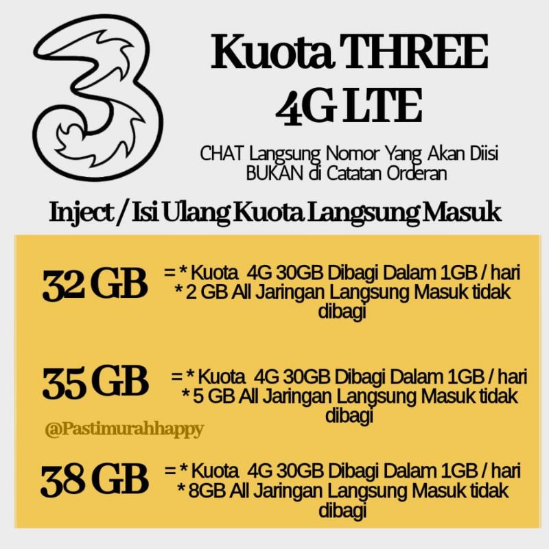 KOUTA TRI 4G MULAI DARI 32GB, 35GB, 38GB INJECT, VOCER THREE