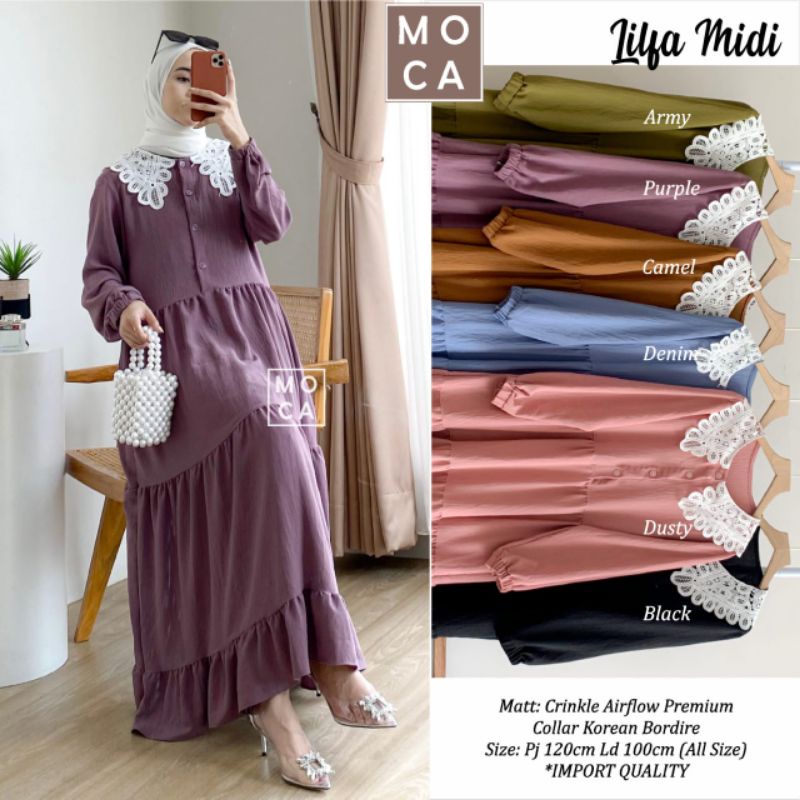 100% ORI - Lilfa Midi Dress by Mocca Bahan Crinckle Airflow - Gamis Remaja Lebaran