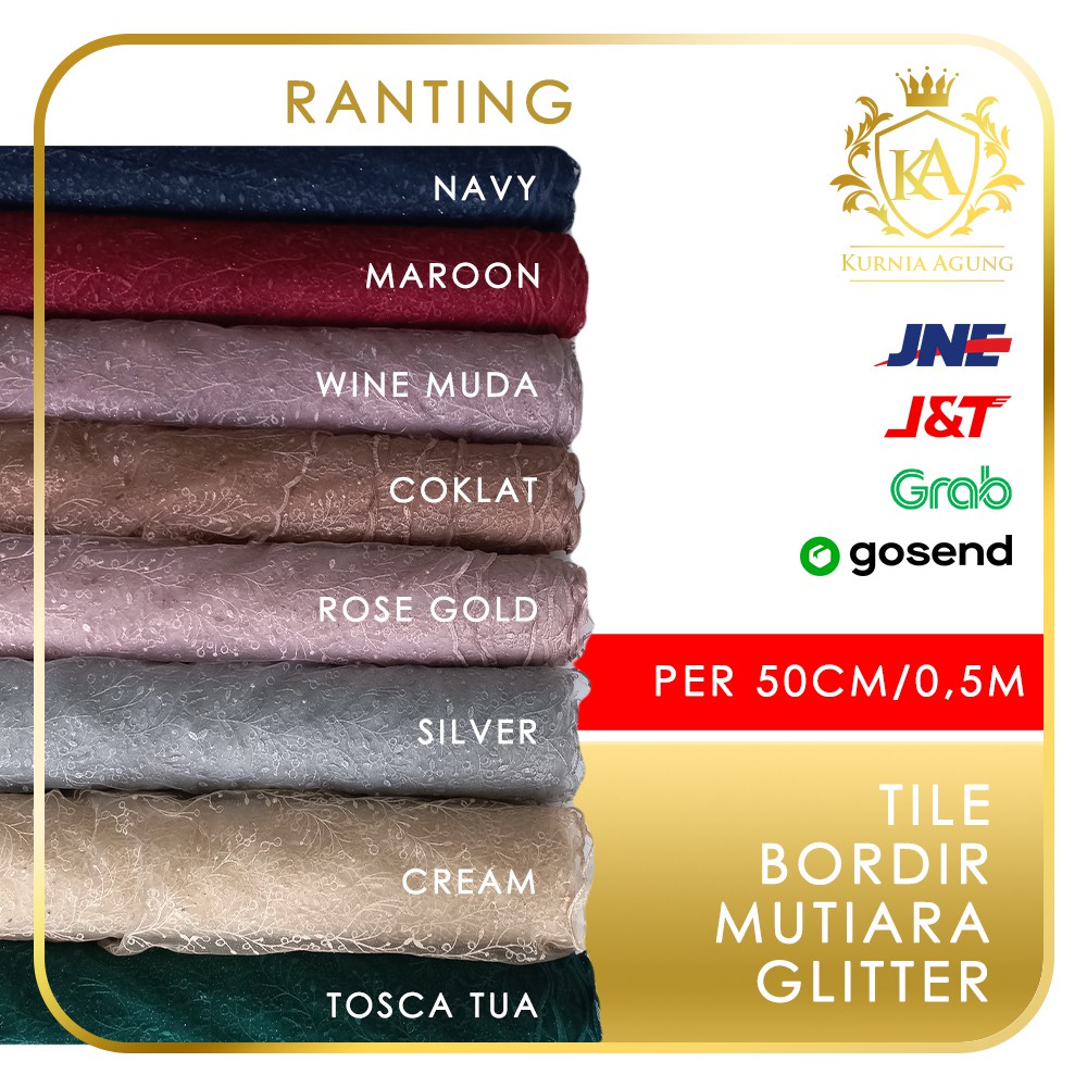 Kain Tile Bordir Mutiara Glitter per 50cm Bahan Kebaya Gaun Pesta Murah Lebar 125cm