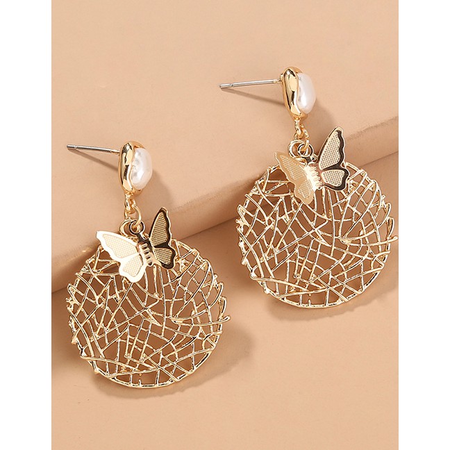 LRC Anting Tusuk Fashion Gold Color Pearl Round Hollow Metal Butterfly Earrings K78081