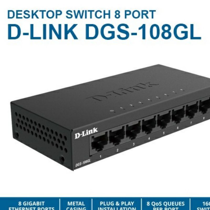 D-LINK DGS-108GL 8-Port Gigabit Desktop Switch Body Metal -Switch Hub 8port Gigabit Lan 10/100/1000 mbps