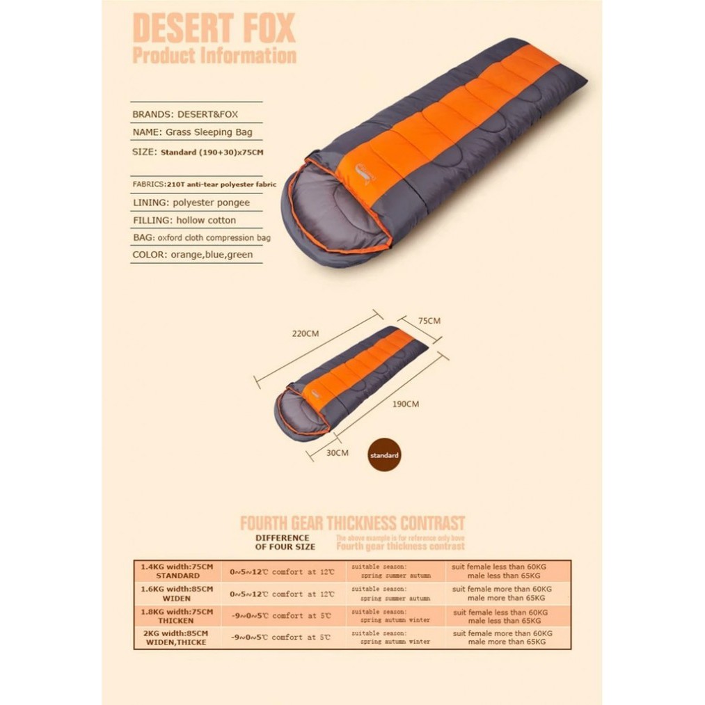 DESERT FOX Outdoor Waterproof Sleeping Bag - 1.4 Kg 75cm Standard