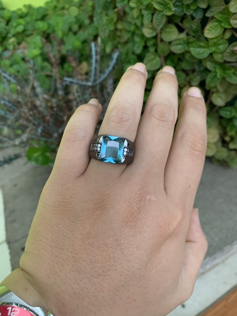 Cincin Casual Pria Akik Topaz Sky Blue Aquamarine Ring Hitam 18 K Gold Filled