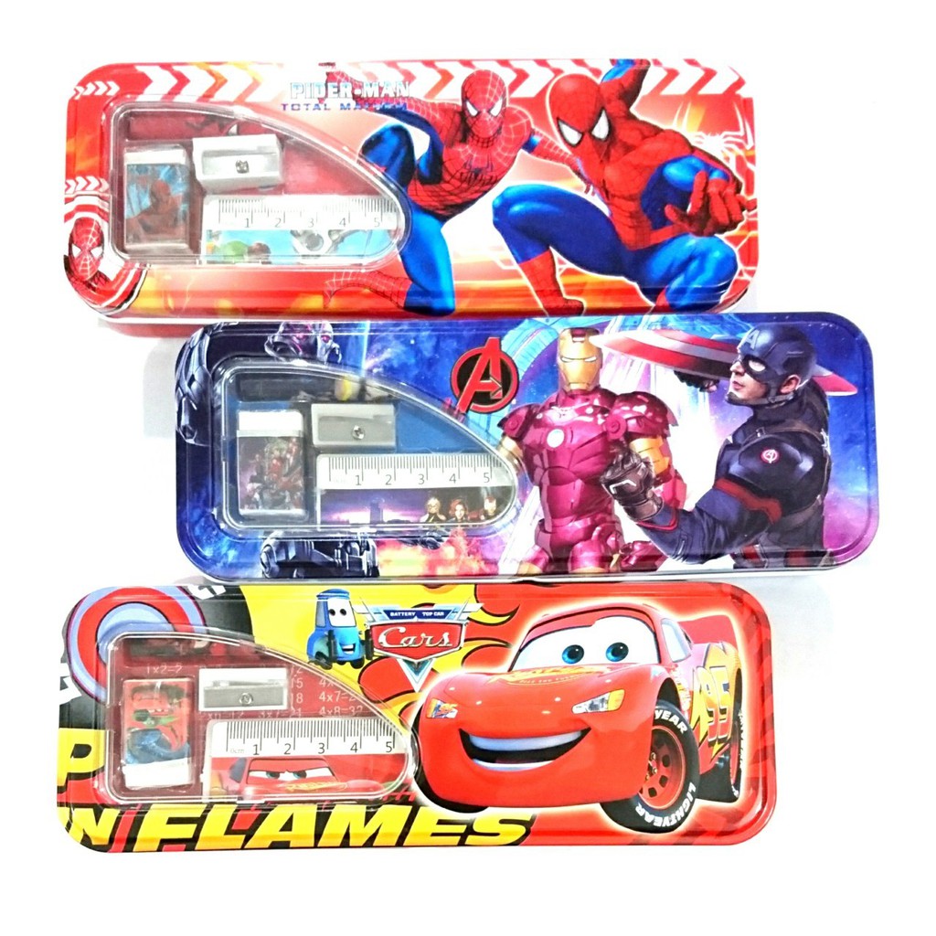 tempat pensil kaleng stationery cars avenger cav set alat tulis spiderman