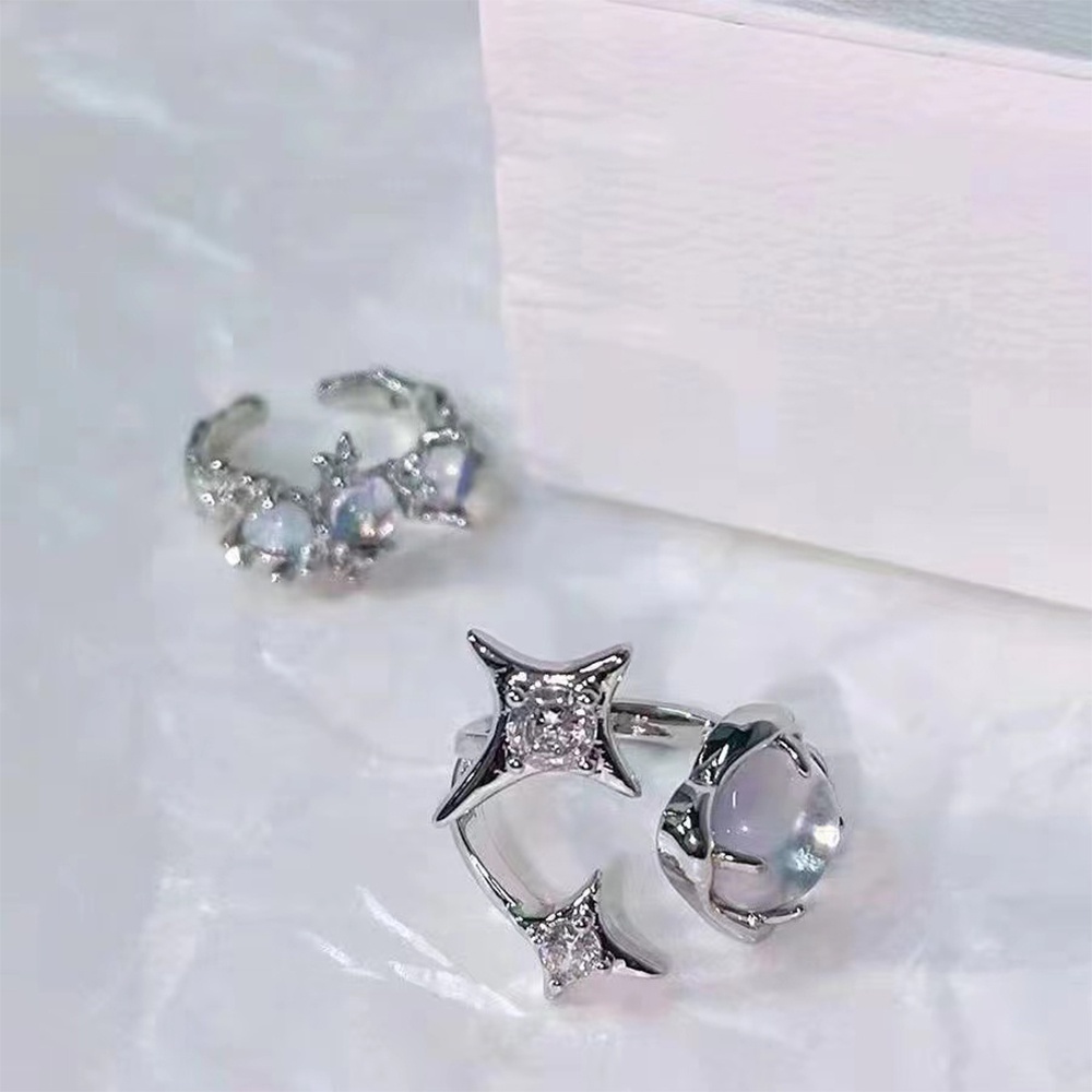 IFYOU Perhiasan Cincin Jari Warna Silver Aksen Batu Bulan Gaya Vintage Korea Untuk Wanita