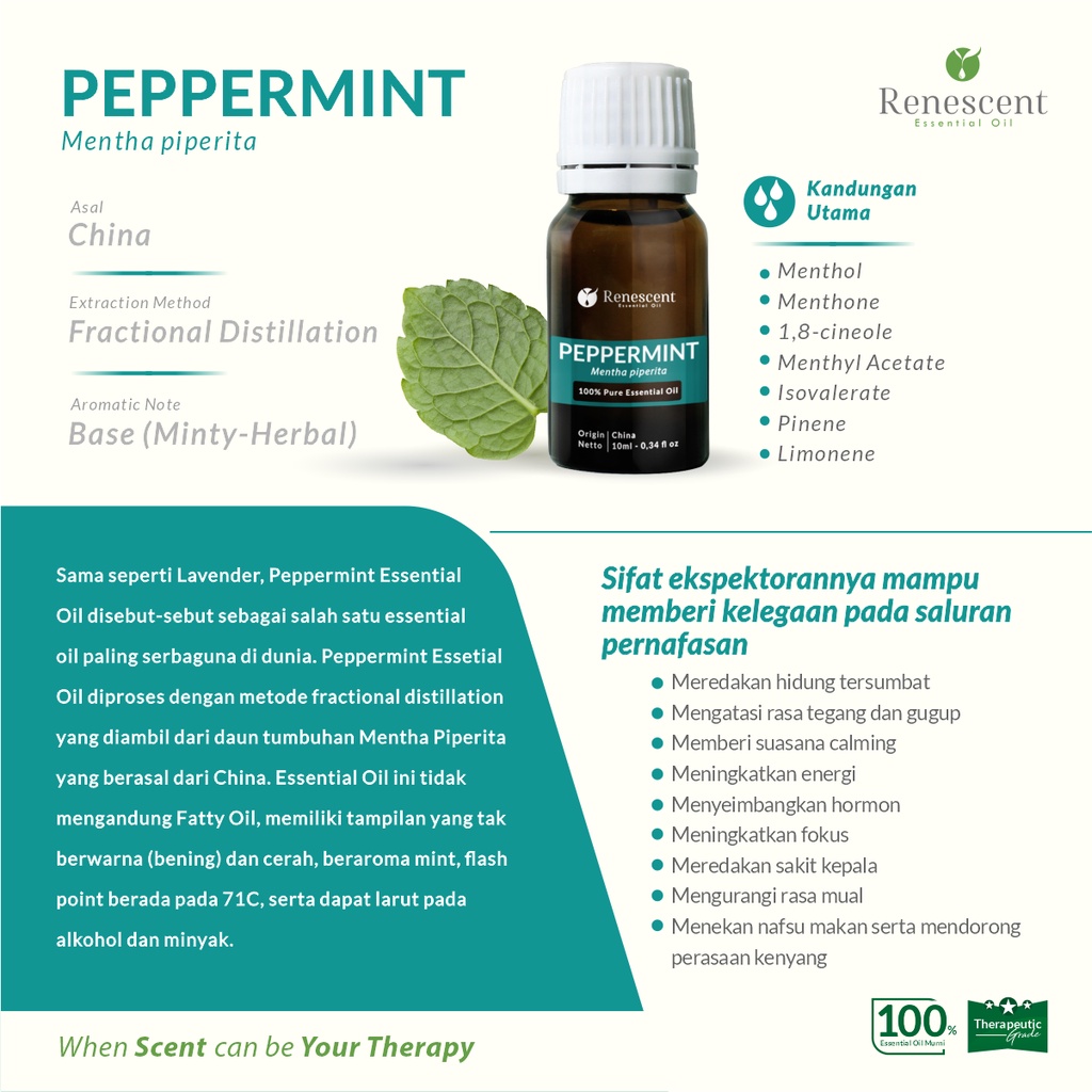 Renescent Peppermint Essential Oil 10ml Diffuser Aromatherapy Humidifier Air Purifier Lilin Aromaterapi