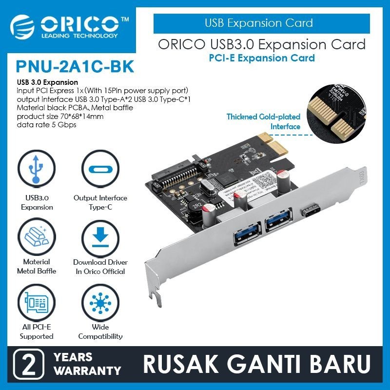 Pci express x1 orico usb3.0 2 port &amp; usb Type-c 5Gbps pnu 2a1c - Pci-e expansion card