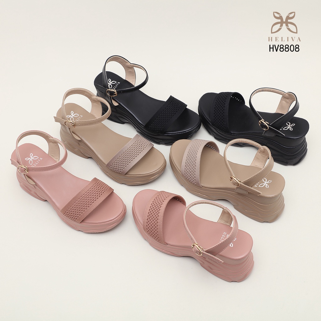 HELIVA LUNA Sepatu Wedges Ankle Warp Sol 8cm Tinggi Bahan Kulit Kombi Rajut HV8808 Original Brand