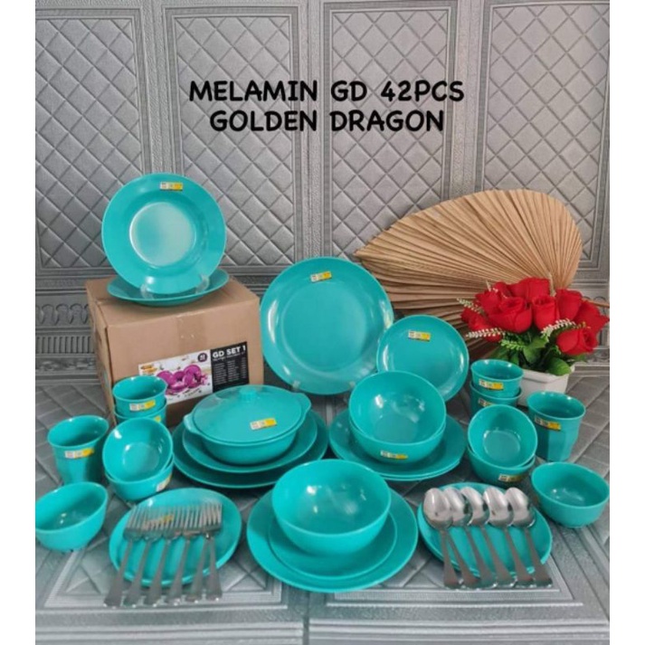 PIRING MANGKUK LENGKAP MELAMIN SET GOLDEN DRAGON 42 PCS
