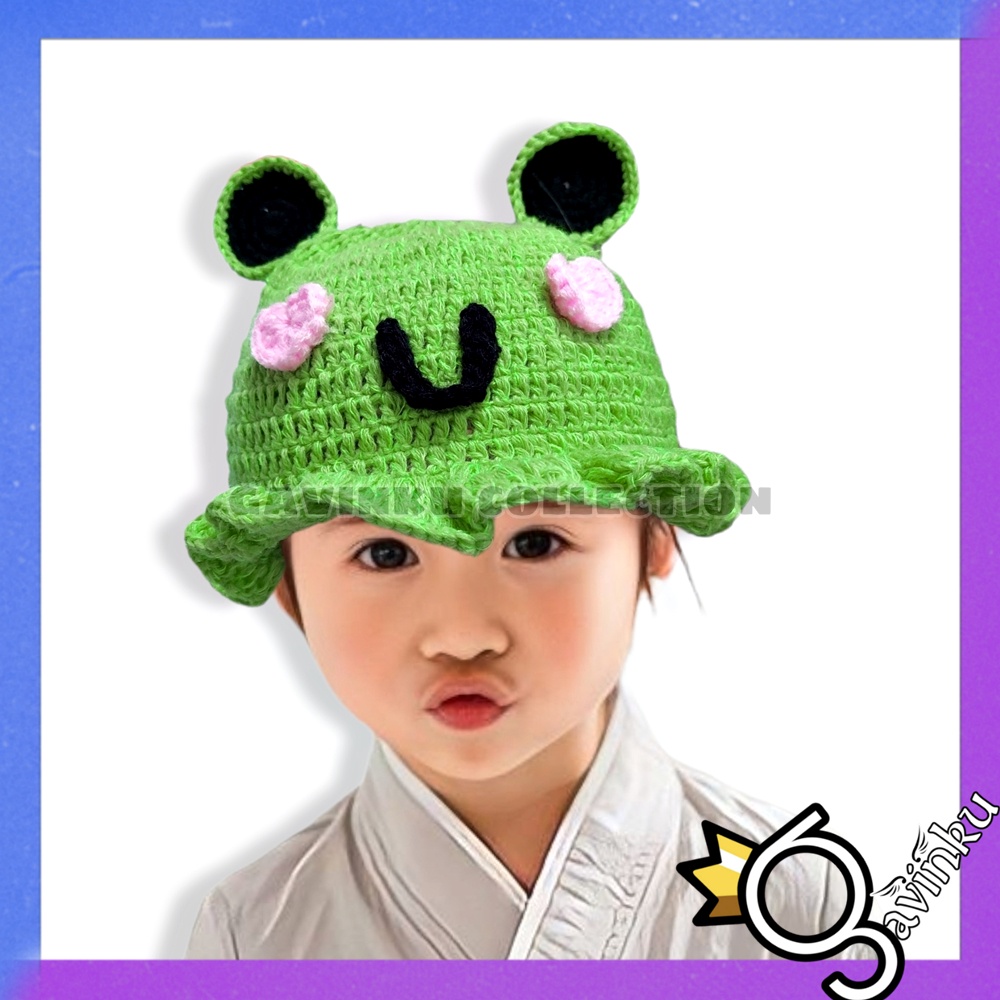 Topi Rajut Kodok Bucket Kupluk Anak Bayi Laki Laki Perempuan Murah Umur 6 7 8 9 10 11 12 Bulan 1 2 Tahun Thn Murah Ears Cap Frog crochet bucket hat