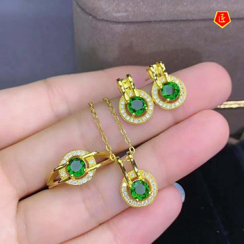 [Ready Stock]Natural Garnet Pendant 18K Gold Emerald Rings Ear Studs Set