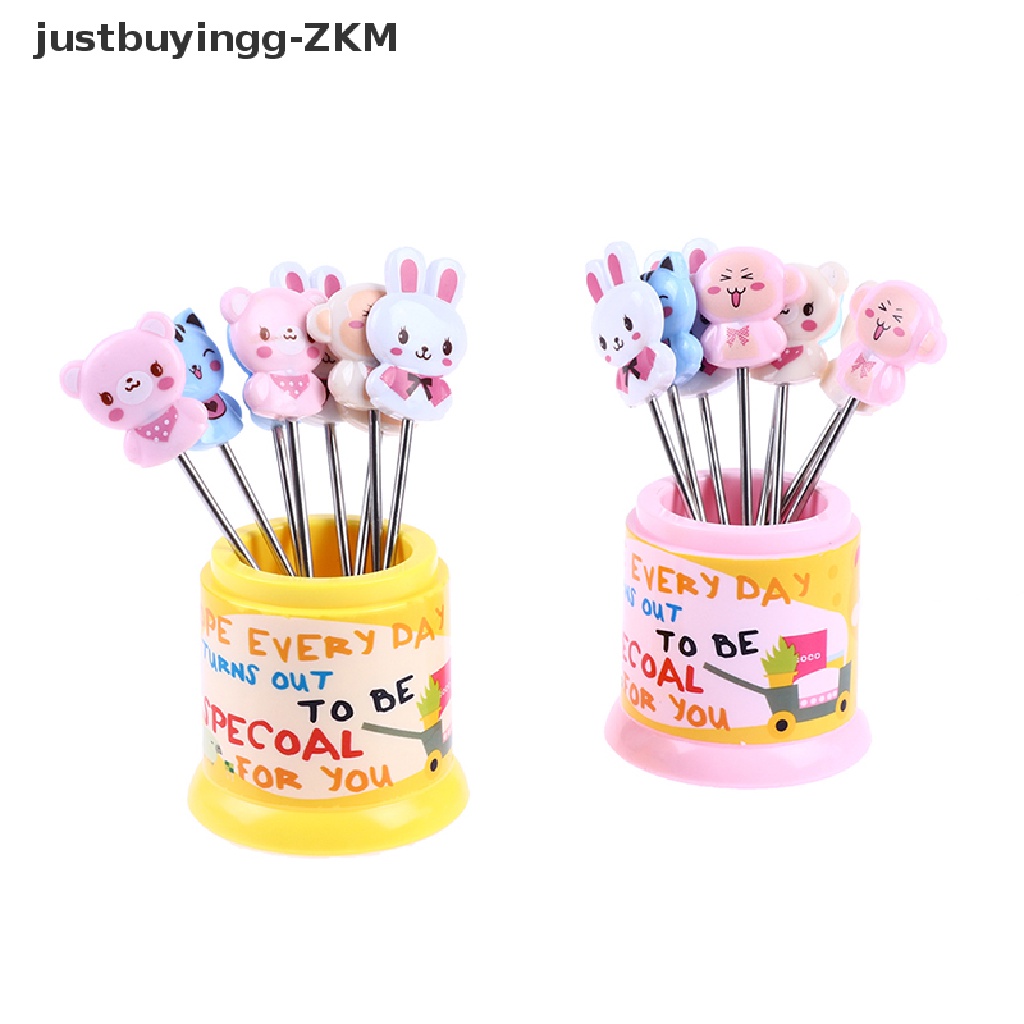 [justbuyingg] 1Set Stainless Steel Fruit Fork Animal Rainbow Fruit Dessert Fork w/Storage Jar [zkm]