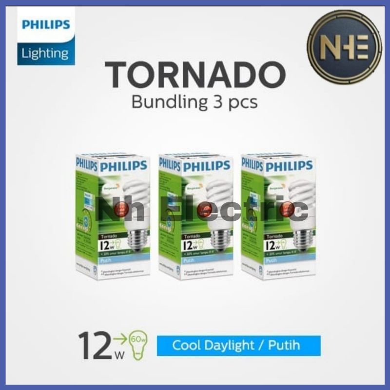 Lampu Philips Tornado 12W Watt Putih CDL E27 - Spiral 12 Watt Philips White 220V SNI Bundling 3 Pcs