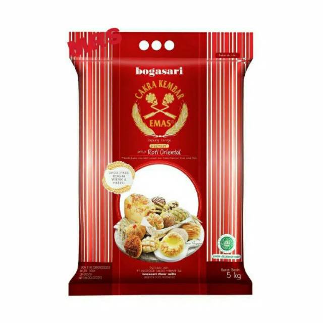 

Tepung Terigu Bogasari Cakra Kembar Emas Roti Oriental 5 kg