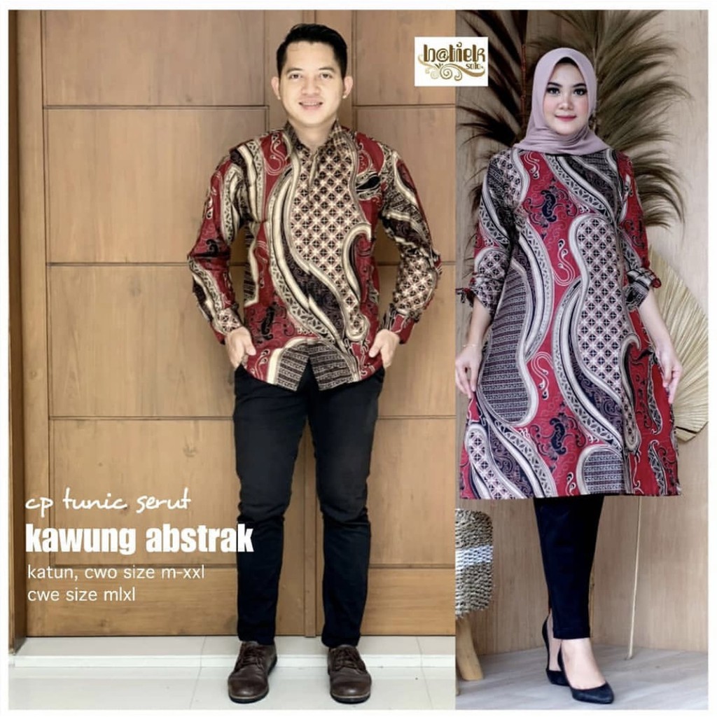 Couple Tunik Serut Kawung Abstrak Batik Sarimbit Modern Tunik Midi Muslim Kantor Kerja Kondangan