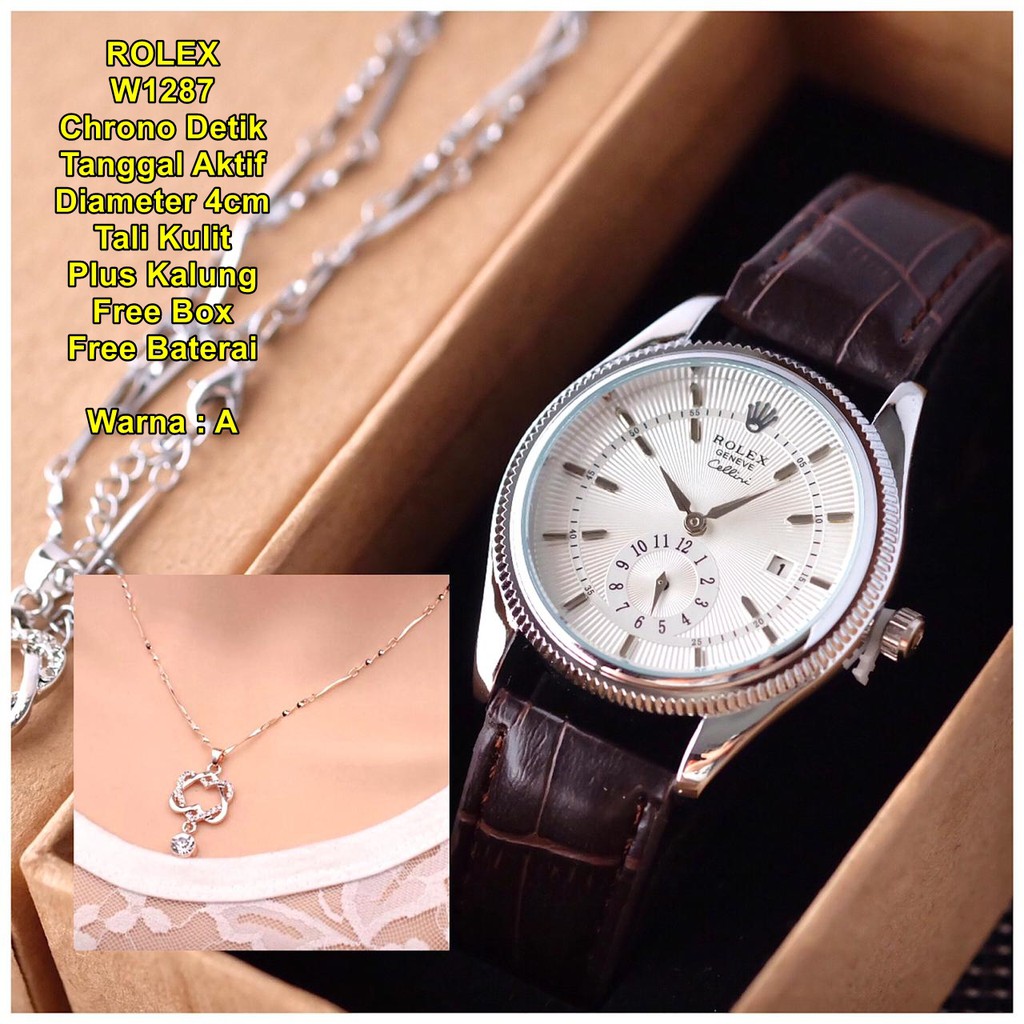 Jam Tangan Wanita / Cewek Rolex Celev Tali Kulit + Free Kalung