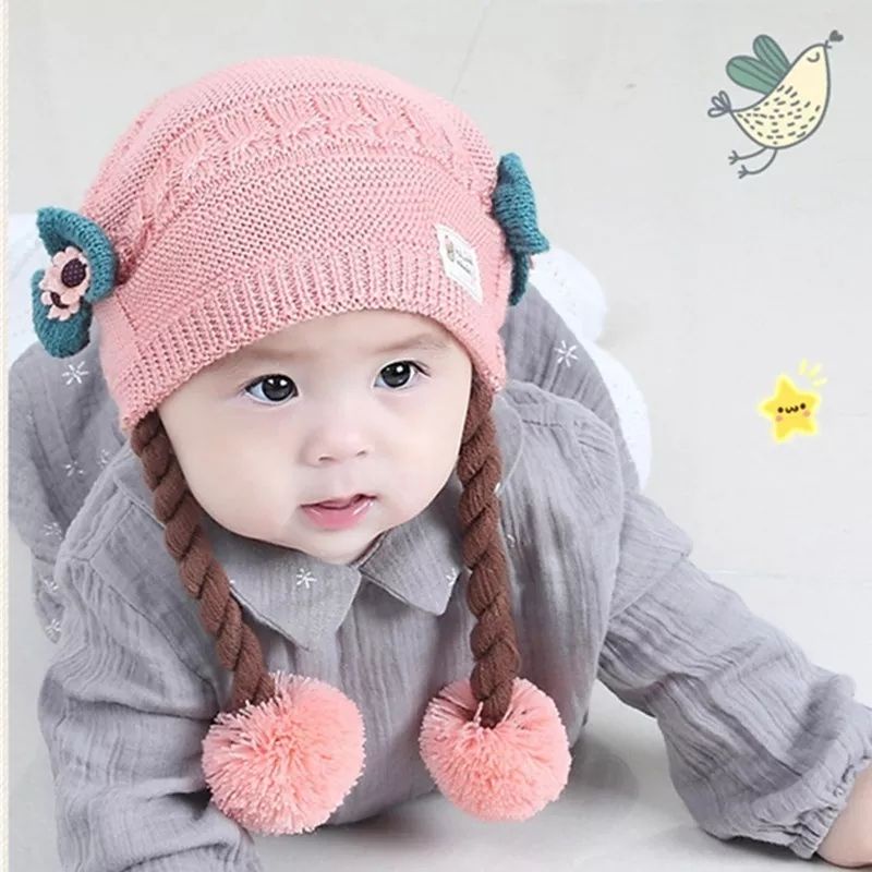 Topi Rajut Rambut Kepang Bayi Anak Lucu Dengan Pita