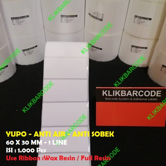 

Label Barcode Yupo/Vinyl 60 x 30 Kertas Stiker 60x30 mm dus 6 x 3 cm - Isi :1000pcs
