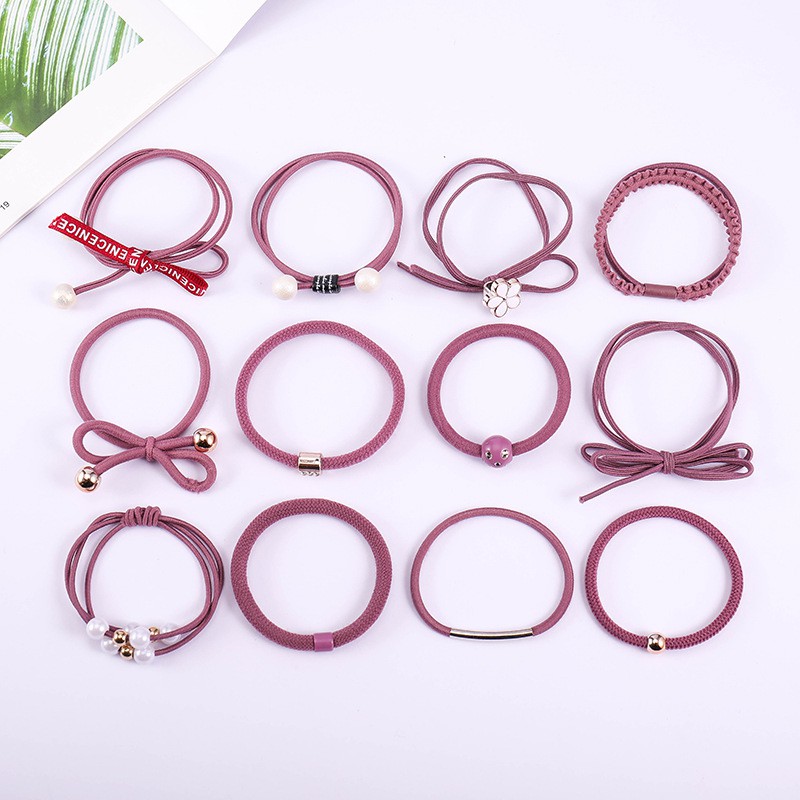 Ikat Rambut Karet Simple Wanita Gaya Korea 12 in 1 Aksesoris Rambut Wanita-Pink Tua