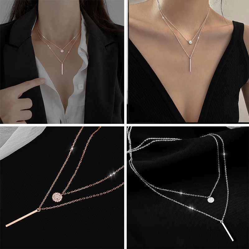 Kalung Choker Rantai 925 Silver Double Layer Dengan Liontin Zircon Bulat Untuk Wanita