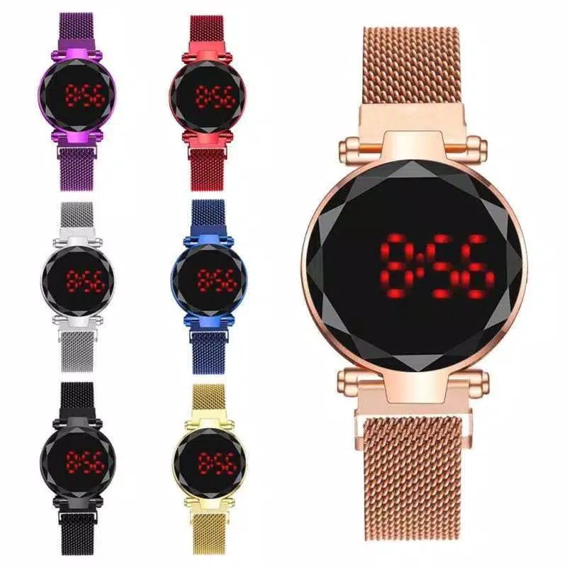 Jam Tangan Wanita Korea Sport LED Bulat Digital Strap Magnet