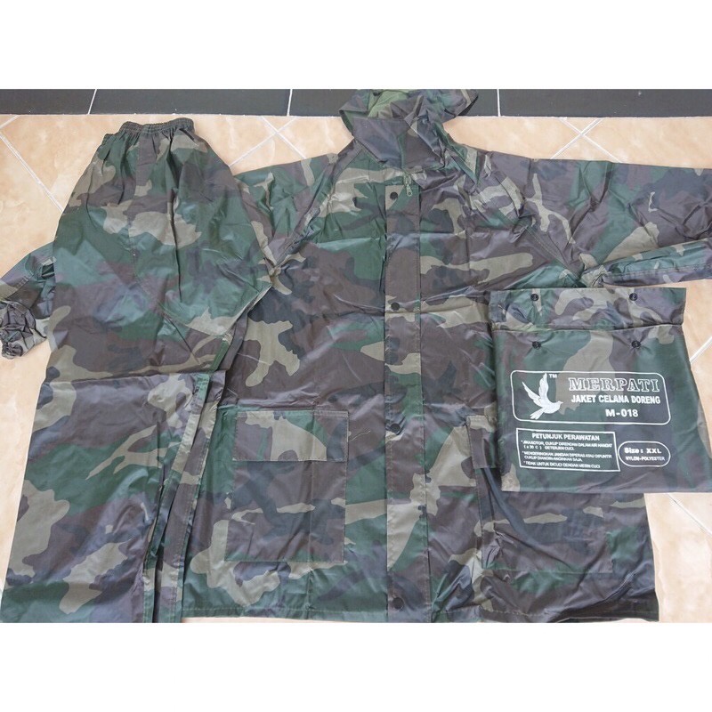 Jas Hujan Setelan Jaket Celana Merpati Doreng M-018/Jas Hujan Bahan 100% Nylon Polyster Tebal(MURAH) CAMO/ARMY/TENTARA