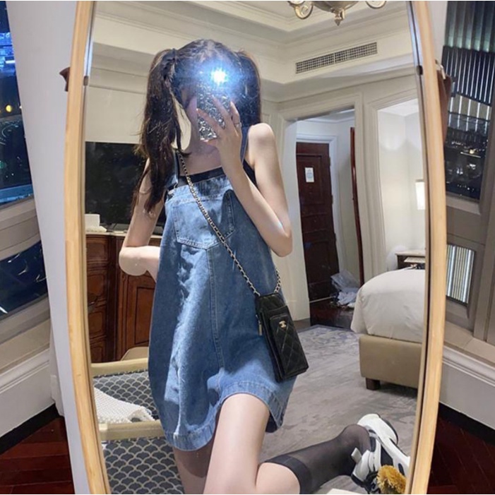 Rok suspender denim wanita musim panas versi Korean Style rok pendek longgar ramping Jumpsuit