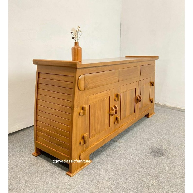BUFET TV VINTAGE MINIMALIS CABINET RETRO DRAWER SCANDINAVIA UNIK BAHAN KAYU JATI GRADE A PANJANG MURAH FURNITURE JEPARA-4