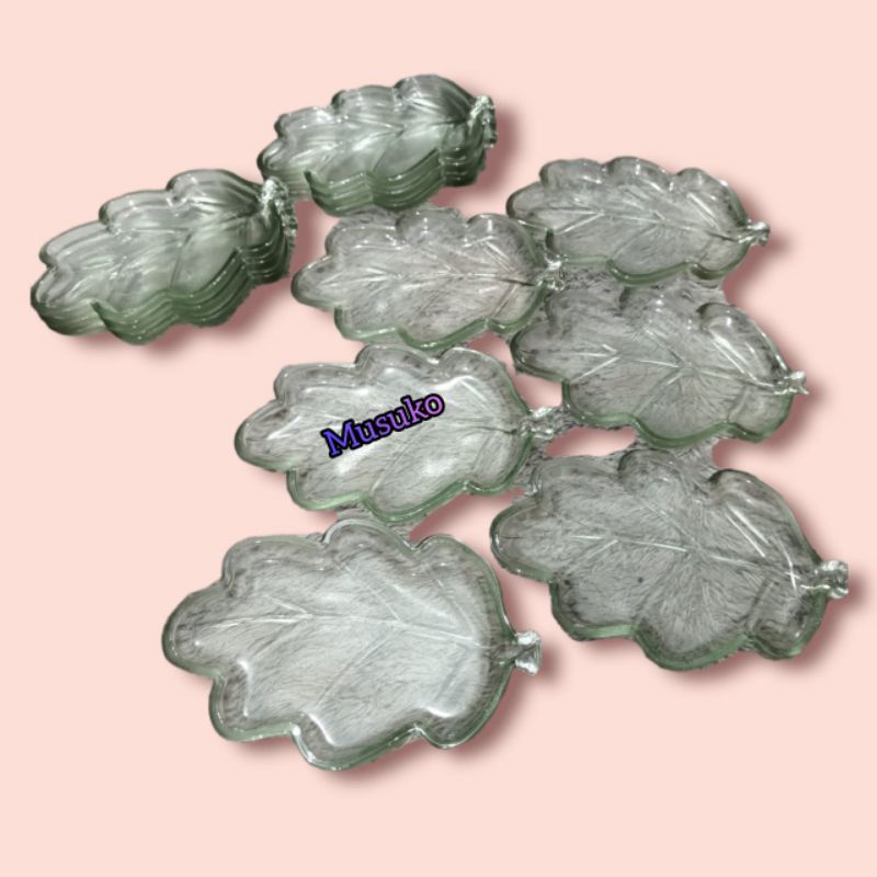 MUSUKO-Sage Dessert Plate - Souvenir Piring Kue Kaca motif Daun- PIRING Lepek 6 Inch -PIRING SAMBAL-