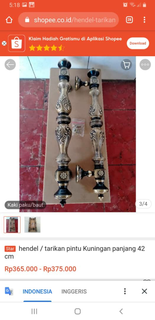 Hendel / Tarikan Pintu Kuningan Panjang 42 Cm